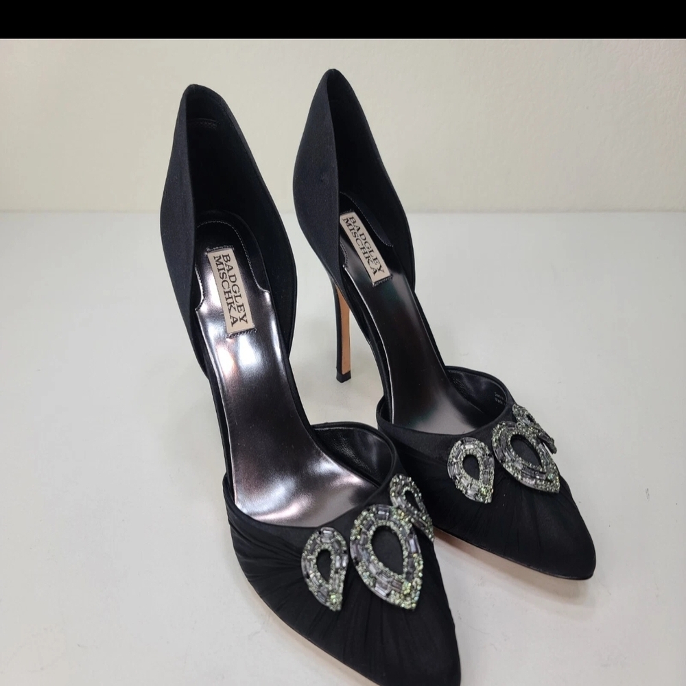 Badgley Mischka Black Satin Pointed Crystal-Embellished Pumps